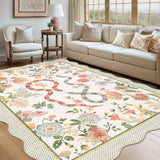 Garvee 9x12 Scalloped Area Rug Non-Slip Low Pile Floral Design Beige Machine Washable for Living Room Bedroom Kids Room