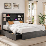 Garvee Full Size Bed Frame with High Storage Bookcase Headboard, 4 Storage Drawers, Built-in Charging Station, Ink Wood, Full Size - Ink