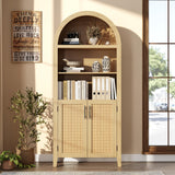 Garvee Arched Bookcase with Doors - 5 Tier Open Display Shelf with Rattan Decor for Home Office Living Room Library, Natural Wood Grain - Natural