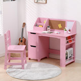 Garvee Kids Desk and Chair Set Wooden Study Desk with Bookshelf Bulletin Board Storage Pink for Ages 3-8 - Pink