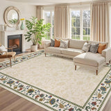 Garvee 8x10 Living Room Rugs Washable Soft Floral Print Beige Low Pile Stain Resistant Carpet for Home Office Dining Room - Beige