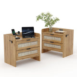 Garvee Rattan Nightstand Set of 2 with Type-C Charging Station, 2 Drawer Storage, Bedroom, Office, 23.6"x15.35"x22", Neutral Color