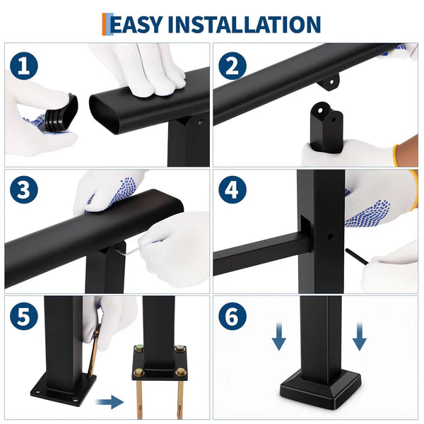 Garvee Outdoor Stair Handrail Set for 2 Steps, Aluminum & Iron Posts, Weatherproof Black Finish, Easy Mounting for Entrance Balcony Garden