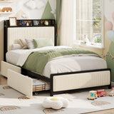 Garvee Twin Size Bed Frame With Storage Headboard, USB Charging Station, White Corduroy, Noise-Free, Sturdy, Spacious Drawers - Off White