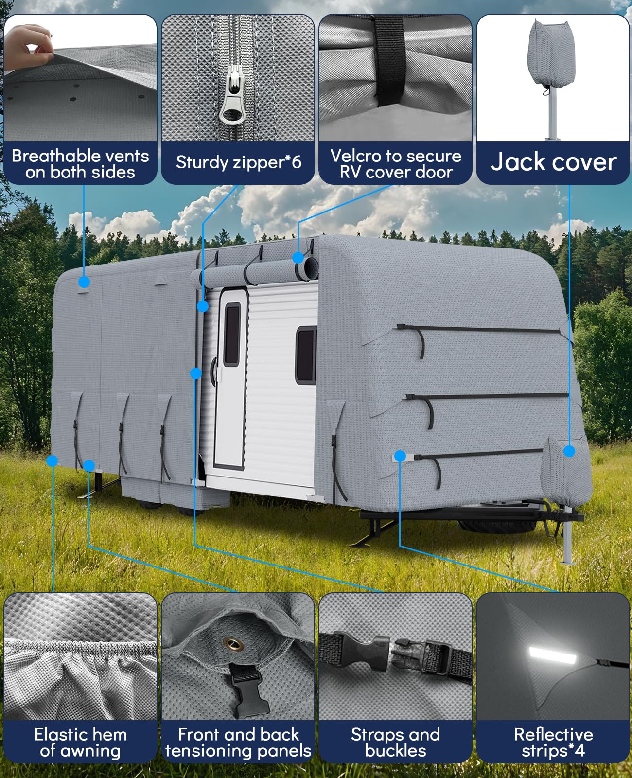 Garvee Heavy Duty 4-Layer RV & Travel Trailer Cover – Waterproof, Windproof, UV Resistant, Breathable – Extra Straps & Tire Covers – Fits 20-22FT, Grey – 160g Four-Layer Top & 110g Three-Layer Sides Non-Woven Fabric