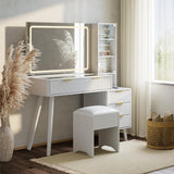 Garvee Vanity Desk with Lighted Mirror, Makeup Vanity with Charging Station, Glass Top Dressing Table, Cushioned Storage Stool, White Bedroom - White