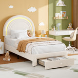 Garvee Twin Upholstered LED Bed Frame With Storage Drawer Rainbow Headboard Kids Bedroom Beige - Beige