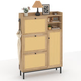 Garvee Freestanding Shoe Cabinet with 3 Flip Drawers & 5 Tier Shelves, Natural Rattan Organizer for Entryway, Hallway, Closet, Space-Saving, Adjustable, Sturdy - Natural