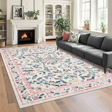 Garvee Floral 10x13 Pink Large Washable Area Rug for Living Room, Non-Slip Non-Shedding Soft Vintage Rug, Low Pile Farmhouse Floral Carpet, Non-Shedding Foldable Printed Rug for Bedroom