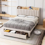 Garvee Full Size Bed Frame with Storage Headboard and Charging Station, Upholstered Platform Bed Frame with Drawer, Mattress Foundation with Solid Wooden Slats Support, No Box Spring Needed, Beige - Beige