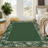 Garvee Washable Green 9x12 Living Room Area Rug Soft Non Slip Bordered Bedroom Rugs Low Pile Ultra Thin Under Table Carpet for Dining Room Leaf Print Floor Cover for Home Office Apartment - Green