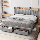 Garvee King Size Bed Frame with Storage Headboard and Charging Station, Upholstered Platform Bed Frame with Drawer, Mattress Foundation with Solid Wooden Slats Support, No Box Spring Needed, Light Grey - Light Gray