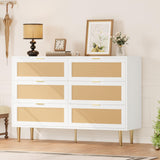 Garvee Rattan 6 Drawer Dresser With Gold Legs And Handles For Bedroom 42.5''W White
