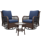 Garvee Outdoor Swivel Wicker Glider Patio Chairs with Table Set 3 Pieces Bistro Set 4" Thick Cushions Blue for Porch Balcony Deck - Blue