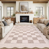 Garvee 9' x 12' Modern Checkered Area Rug, Machine Washable Non-Slip Low-Pile Scalloped Rug for Living Room, Bedroom & Dining Room, Beige