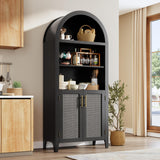Garvee Arched Kitchen Pantry Storage Cabinet 5-Tier Open Display Shelf with Rattan Decor Farmhouse Kitchen Dining Living Room Black - Black