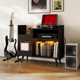 Garvee Large Record Player Stand Vinyl Storage Cabinet with Sliding Door Charging Station LED Lights for Living Room Black - Black