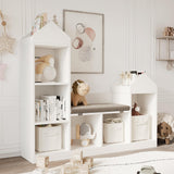 Garvee Children's Bookshelf With Cushion, Wooden, Unique Roof Design, 121x30x107 cm, White Finish, Kids' Room & Living Room