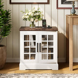 Garvee Farmhouse End Table with Charging Station, 24" Large Sofa Side Table, White, Adjustable Storage, Tempered Glass Doors