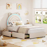 Garvee Twin Size Bed Frame with 4 Storage Drawers & RGB LED Lights, Velvet Upholstered Platform Bed for Kids, Grey - Grey