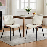 Garvee Dining Chairs Set of 2 Mid-Century Modern Upholstered PU Leather Kitchen Chairs Walnut Bentwood Back Metal Legs Adjustable Feet White Shell Strips - White-2Pcs