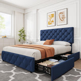 Garvee Full Size Bed Frame with 4 Storage Drawers, Linen Upholstered Platform Bed Frame, Adjustable Headboard, Blue, 54x75 inches - Blue