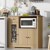 Garvee Kitchen Microwave Cabinet with Storage and Drawers, Modern Small Buffet Cabinet with Glass Doors, Adjustable Shelf, Natural Wood, Dining Room, Living Room