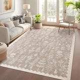 Garvee Washable 8x10 Area Rugs for Living Room Scalloped Floral Bedroom Rug, Non-Slip Stain Resistant Dining Table Carpet, Botanical Large Rug Neutral Carpet for Farmhouse Dorm Home Office,Taupe