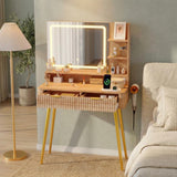 Garvee Fluted Vanity Desk with Mirror and Lights, 31 in Small Makeup Vanity Storage Cabinet, 2 Drawers, 3 Lighting Modes, Stylish Bedroom Dressing Table, White