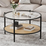 Garvee 30" Round Rattan Coffee Table with Storage, 2-Tier Water-Wave Glass, Black Gold, Modern Living Room Bedroom Office