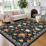 Garvee Washable Rugs 8x10 Area Rug Floral Non-Slip Boho Bedroom Living Room Black - Black