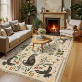 Garvee 9x12 Cat Floral Area Rug, Washable Non-Slip Low Pile Soft Vintage Botanical Animal Rug for Living Room Bedroom Nursery Playroom, Camel