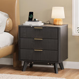 Garvee Nightstand 24'' Wide Bedside Table with 3 Drawers and Charging Station, Mid Century Modern Wood Night Stand for Bedroom, Black - Black