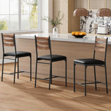 Garvee Bar Stools Set of 2 Wooden Faux Leather Upholstered Bar Chairs with Back & Footrest Counter Height Kitchen Island Brown