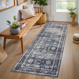 Garvee 2' x 6' Washable Oriental Floral Runner Rug, Non‑Slip Distressed Blue Hallway Carpet, Soft Low‑Pile Vintage Style Floor Runner for Entryway & Kitchen, Retro Blue
