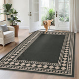 Garvee 5' x 7' Easy Jute Area Rug, Modern Geometric Bordered Washable Non-Slip Low-Pile Indoor Outdoor Rug for Living Room, Bedroom, Dining Room & Patio, Black