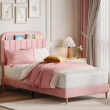 Garvee Full Bed Frame With Storage Headboard Velvet Upholstered Platform Bed For Kids Light Pink