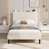 Garvee Twin Size Corduroy Upholstered Bed Frame with USB Charging Station for Bedroom, Adjustable Storage Headboard, Wooden Slats, Beige - Beige
