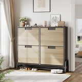 Garvee Space-Saving Shoe Cabinet with 4 Flip Drawers, Adjustable Shelves, Metal Legs, Engineered Wood for Entryway Storage, Narrow Design, Natural Oak Color