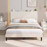 Garvee Queen Size Corduroy Upholstered Bed Frame with USB Charging Station, Adjustable Storage Headboard, Beige - Beige