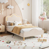 Garvee TXL Size Upholstered LED Bed Frame with Adjustable Headboard and Footboard, Velvet Princess Platform Bed for Kids, Beige, Wooden Slat Support - Beige