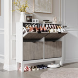 Garvee Fluted Shoe Storage Cabinet with 4 Flip Drawers, Narrow Wooden Organizer, Metal Legs, Modern Farmhouse Entryway, White+Gray