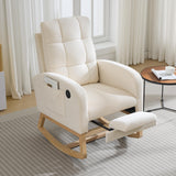 Garvee Nursery Rocking Chair Linen Upholstered Glider Rocker with Side Pocket USB Port Footrest High Back Wood Legs Modern Accent Beige