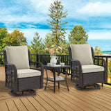 Garvee 3 Piece Outdoor Patio Set Wicker Rocking Bistro Set with 2 Swivel Chairs & Tempered Glass Top Table for Patio Porch Backyard, Rattan, Cushions Included
