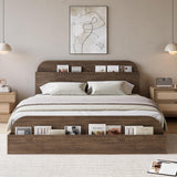 Garvee Full Size Bed Frame with Storage Headboard and Raised-Footboard for Bedroom, Walnut, Low Platform, Sturdy Wooden Slats - Walnut