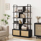 Garvee 5 Tier Rattan Bookshelf with Storage Cabinet & Door, 71.1 Inch Tall Industrial Book Shelf, Metal Frame, Anti-Tipping, Easy Assembly - Black