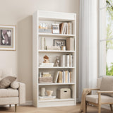 Garvee 71" Farmhouse Bookcase with Double Fluted Design, 5 Tier Tall Bookshelf, Wooden Base, Rustic Vintage White, 70.8"H x 30"W x 11.9"D