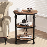 Garvee Round End Table with Storage Shelves, 3-Tier Farmhouse Side Table with Metal Support Legs for Living Room Bedroom, 23.6" H x 18.1" W, Rustic Brown