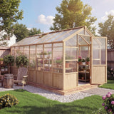 Garvee 8x16 FT Wooden Greenhouse with Polycarbonate Panels for Garden, Backyard, Patio - Durable Natural Spruce Wood, Ventilated Windows, Lockable Door - Natural Wood