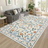 Garvee Floral 9x12 Green Washable Area Rug for Living Room, Non-Slip Non-Shedding Soft Vintage Rug, Low Pile Farmhouse Floral Carpet, Non-Shedding Indoor Foldable Printed Rug for Bedroom